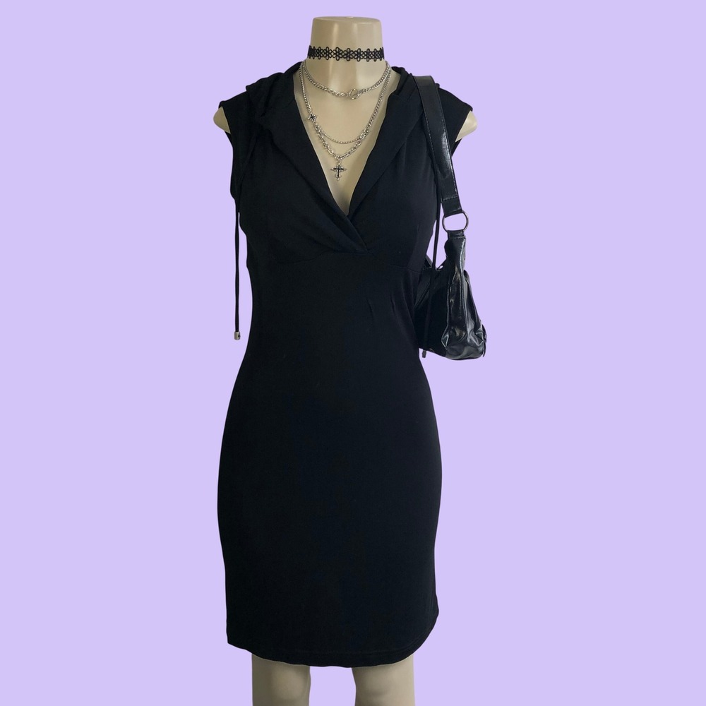 Vintage Y2K ABS Made in USA Black Hooded Cap Sleeve Deep V Bodycon Dress S